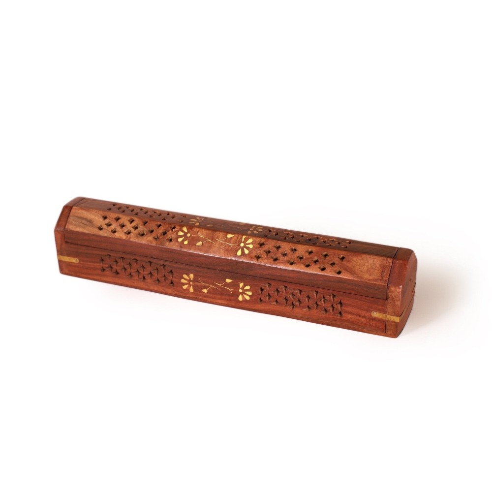 Prabhuji Incense Burner - Wooden Box with Storage - 5 Panel Jali & Flowers Prabhuji Incense Burner - Wooden Box with Storage - 5 Panel Jali & Flowers