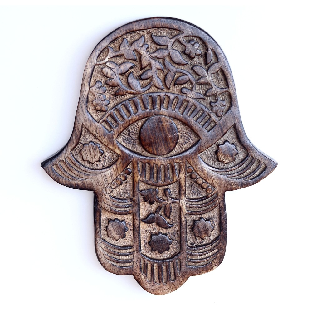 Prabhuji Decor - Wooden Hamsa - Vines and Flowers 7"x6" Prabhuji Decor - Wooden Hamsa - Vines and Flowers 7"x6"