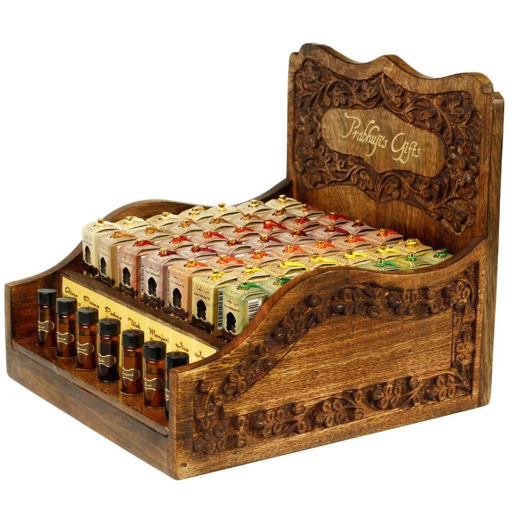 Prabhuji Display Rack - Attar Oil - Display Rack with Complete Line 0.1 oz (3 ml) and 0.2 oz (6 ml) - 56 Bottles Prabhuji Display Rack - Attar Oil - Display Rack with Complete Line 0.1 oz (3 ml) and 0.2 oz (6 ml) - 56 Bottles