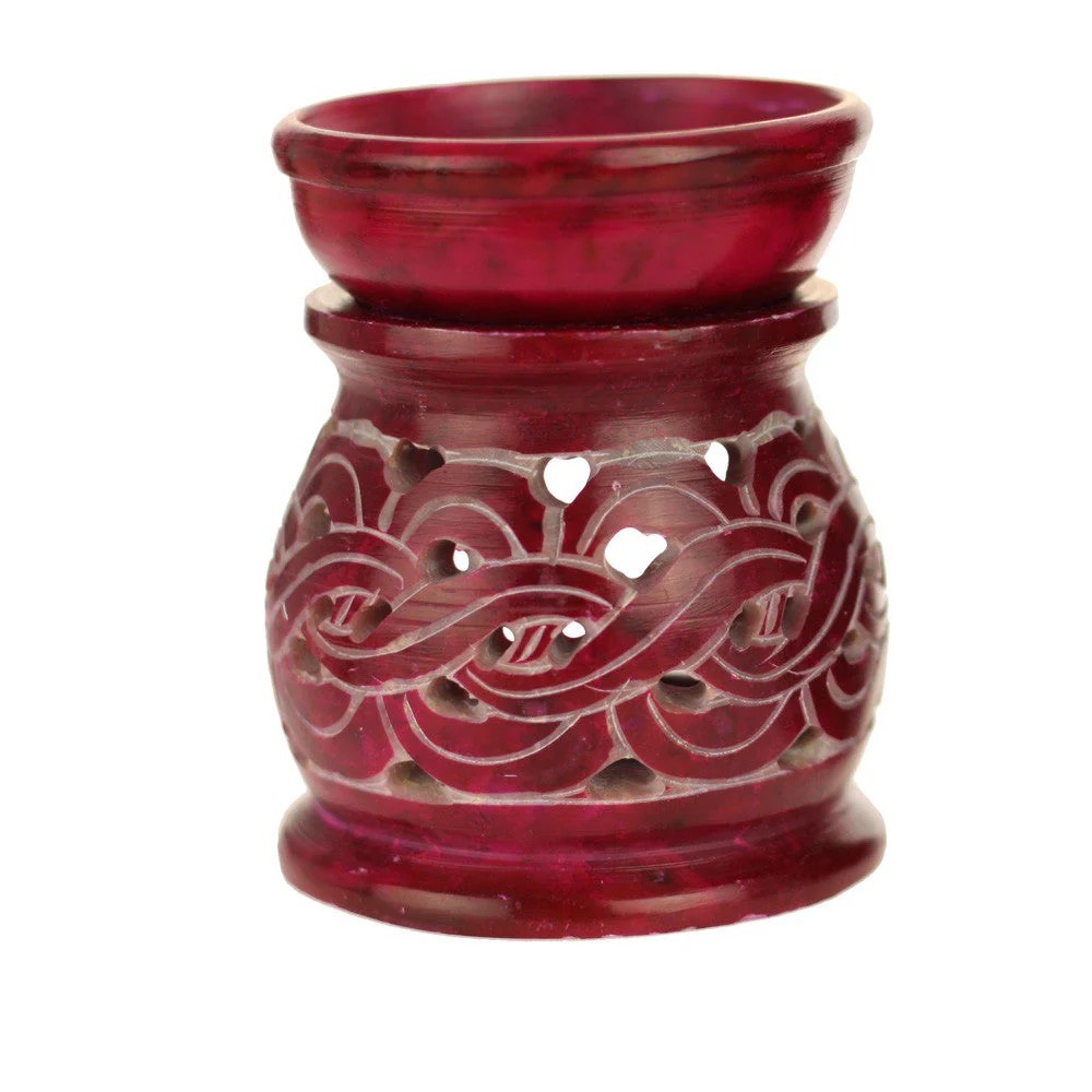 Prabhuji Oil Diffuser - Red Soapstone Oil Burner Carved 3.25"