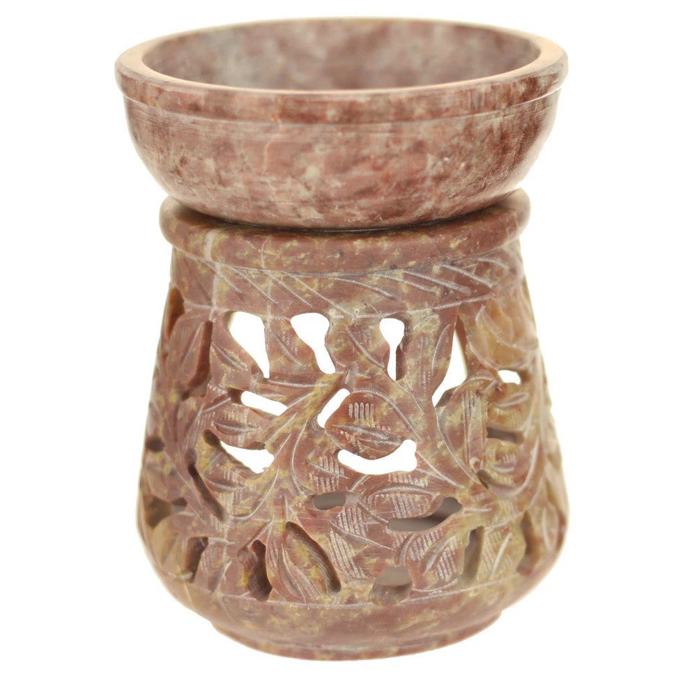 Prabhuji Oil Diffuser - Natural Soapstone Oil Burner Round Leaves 4"