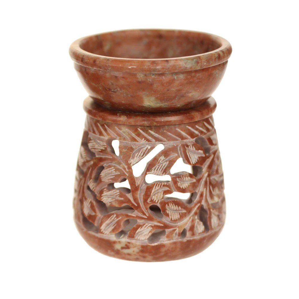 Prabhuji Oil Diffuser - Natural Soapstone Oil Burner Round Leaves 3.25"
