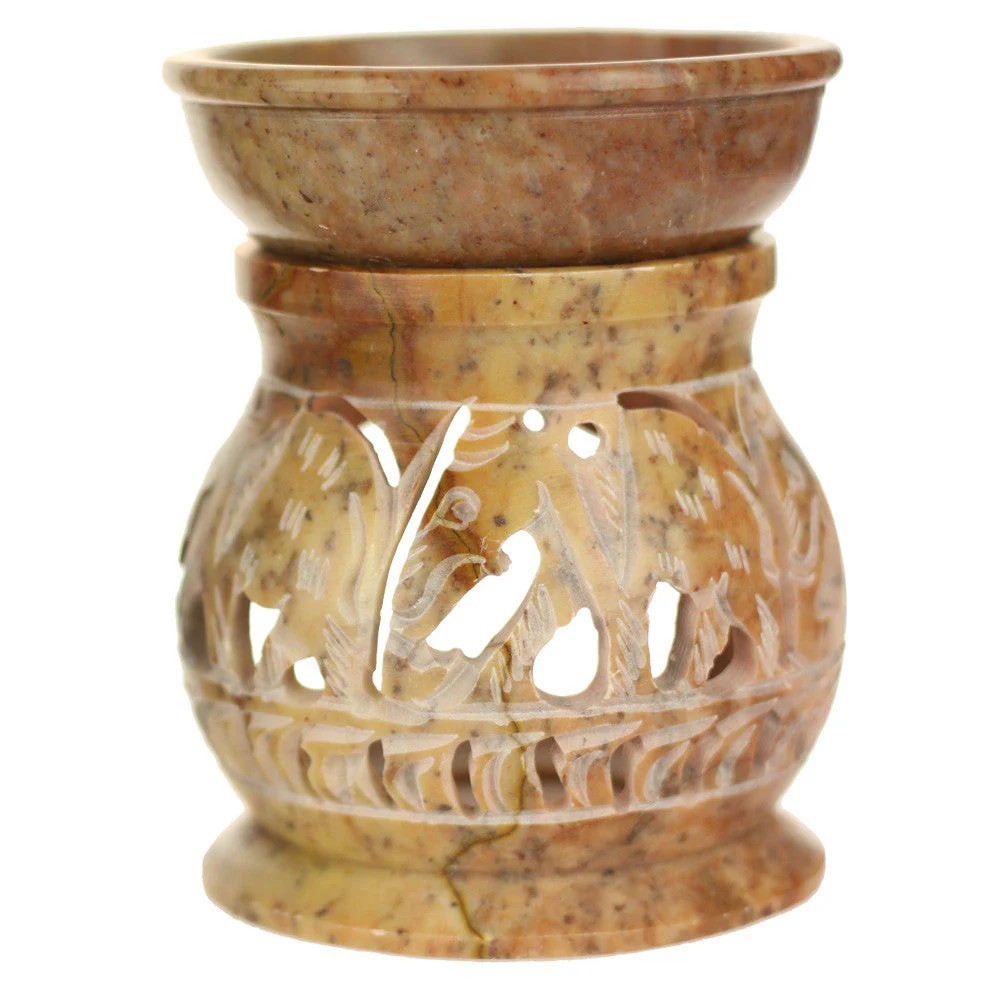 Prabhuji Oil Diffuser - Natural Soapstone Oil Burner Round Elephant 4"