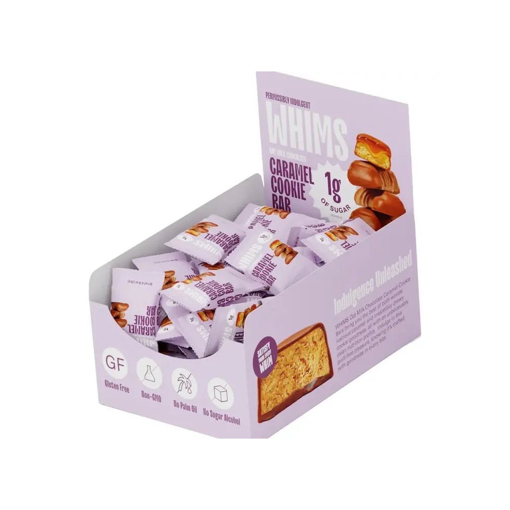 Whims Delights Oat Milk Chocolate Caramel Cookie Bars - Case of 30/singles Whims Delights Oat Milk Chocolate Caramel Cookie Bars - Case of 30/singles