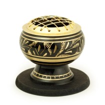 Prabhuji Burner - Black Brass Burner, Medium Base, Fern Engraving, Net Top 2"Hx2"D"
