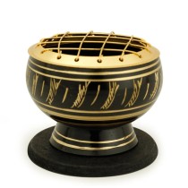 Prabhuji Burner - Black Brass Burner, Medium Base, Feather Engraving, Net Top 2"Hx2.5"D"
